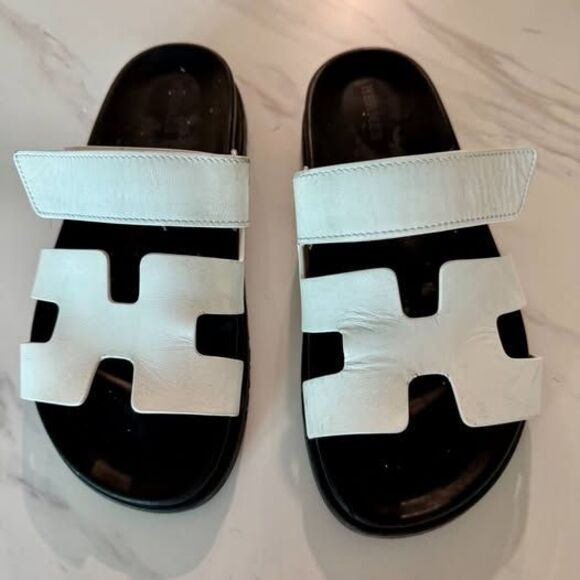 Hermes Shoes - HERMÈS Chypre Calfskin Women’s Sandals White/Black Size 37